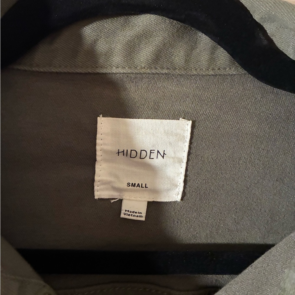 Hidden Cropped Denim Jacket Frayed Hem Olive Army Green Military EUC Small - Picture 7 of 10